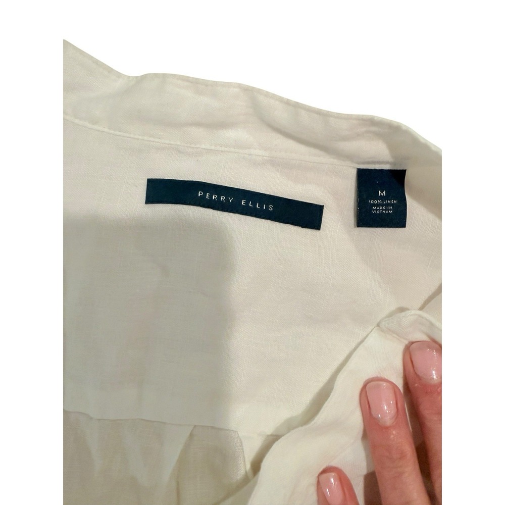 Perry Ellis Women's 100% Linen White Long Sleeve Band Collar Blouse Size Medium - Picture 4 of 6